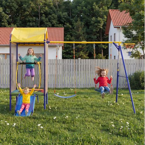 Parque de juegos exterior 4 en 1 para niños, trampolín, doble columpio y tobogán (1/5)