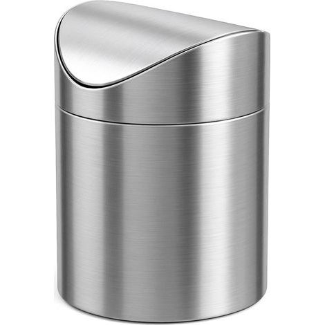 Stainless steel brushed mini trash can with lid 1.5 liters desktop office car kitchen countertop small trash can (Silver) (1/4)