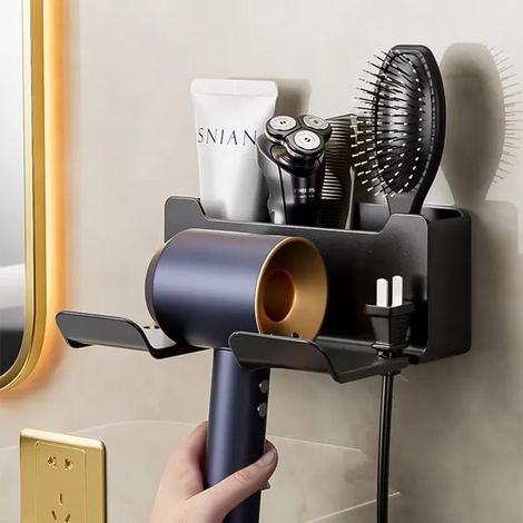 Support Mural Sèche Cheveux Noir – Sans Perçage Salle de Bain – Accessoire Maison & Quotidien Pratique et Durable (1/4)