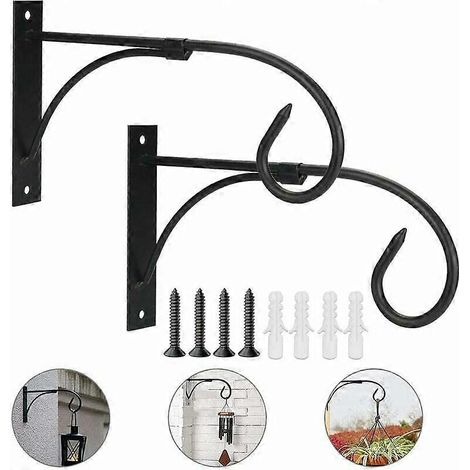 Lot de 2 crochets de suspension en fer forgé antirouille pour plantes suspendues, à visser au mur avec tube d'expansion, pour mangeoire à oiseaux ou jardinière de jardin. (1/5)