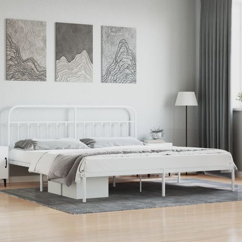 Lit double-193 x 203 cm, Cadre de lit, Lit adulte, Structure de lit métal avec tête de lit blanc 193x203 cm PDKEI53101 (1/5)