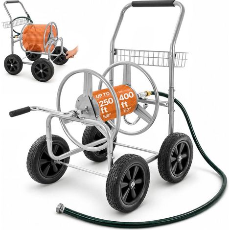 Chariot Dévidoir Tuyau d'Arrosage 76 m Enrouleur Mobile 4 Roues 10 Pouces en Acier avec Panier Rangement (1/5)