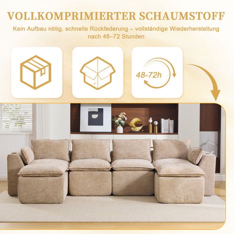 Canapé convertible 4 places avec 2 poufs, coussins, supports de boissons, 2 rangements latéraux, mousse/resorts, récupération rapide. Configurations variées, parfait pour séjours. Tissu chenille vert  (1/5)