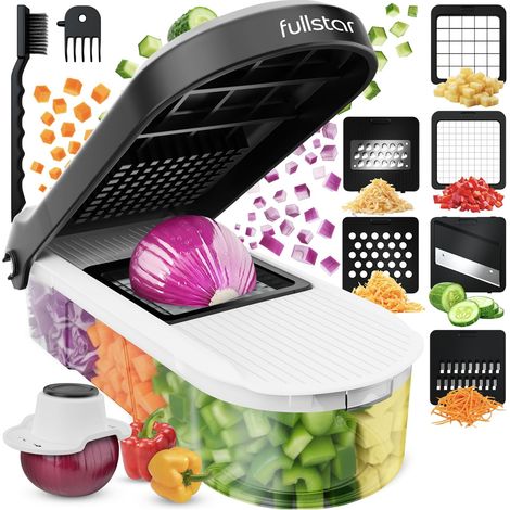 Coupe Legumes Multifonctions et Mandoline - Trancheur ou Découpe Cube Oignons Carottes Concombres Frites Fruits - Rapeuse Legume et Fromage - Cuisine Accessoires (Compact 6-en-1 Blanc) (1/5)