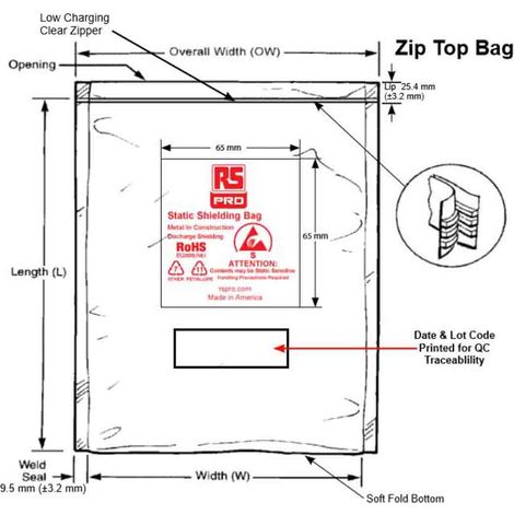 Coussin de sécurité ESD RS PRO 75mm x 50mm, Fermeture à Zip ( Prix pour Paquet de 100 ) (1/2)