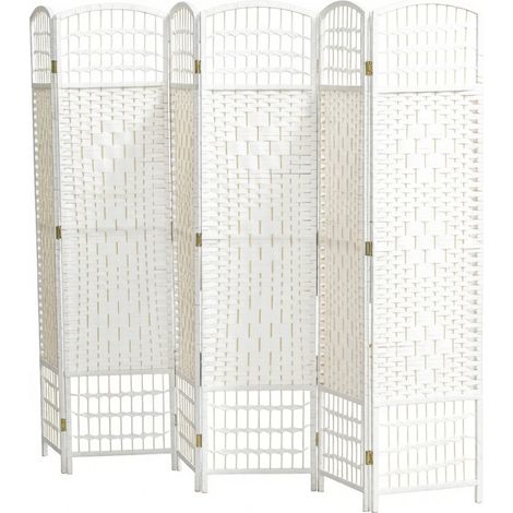 CHICFURN Paravent 6 panneaux blanc en papier tressé et bois, séparateur de pièce pliable 242 x 170 cm, cloison de séparation pour chambre, salon ou bureau (1/5)