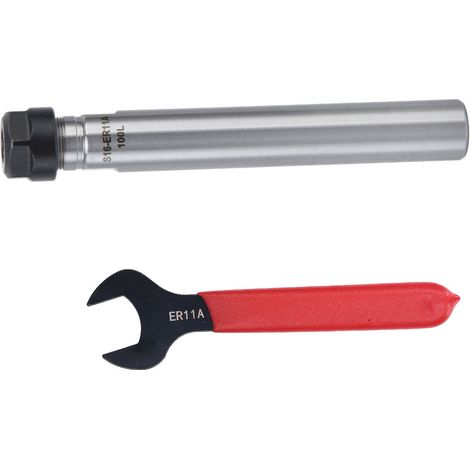 Porte-outil queue droite rallonge ER11 acier 40Cr carbone dureté 45-46HRC diam 19mm serrage 1-7mm filetage A 16mm 100mm + clé (1/5)