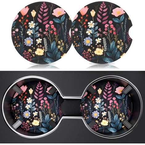 Lot de 2 sous-verres pour porte-gobelet de voiture, 7 cm, antidérapants et absorbants, en céramique avec base en liège et rainures pour les doigts, accessoires intérieurs de voiture mignons pour femme (1/5)