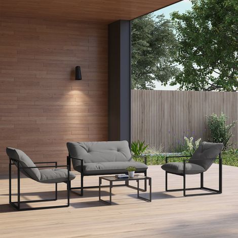 Ensemble de mobilier de jardin. 1 table en verre. 2 fauteuils. 1 canapé. résistant aux intempéries. 114 cm x 70 cm x 67 cm. gris et noir (1/5)