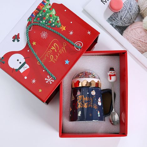 Mug de Noël bleu avec couvercle et cuillère, motif Père Noël, style européen, en céramique créative. (1/5)