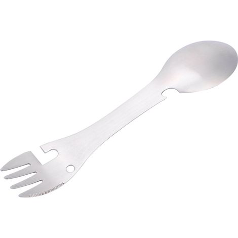 Cuillère multifonction portable 5 en 1 avec fourchette, ouvre-bouteille et coupe-boîtes en dents de scie, idéale pour le camping et les pique-niques. (1/5)