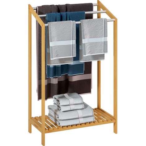 CASARIA® 3 Tier Freestanding Bamboo Towel Rack with Stainless Steel Rails and Storage Shelf 85x51x31cm Bathroom Towel Bar Stand & Clothes Drying Airer Modern Sturdy Organiser No Drilling 1x (1/5)