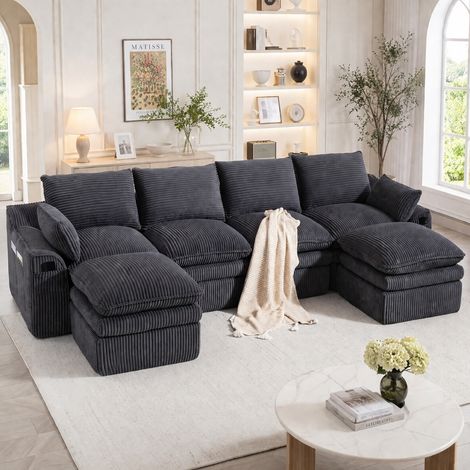 Modulares 4-Sitzer Cordsofa mit 2 Hockern und Federkern, frei kombinierbare Wohnlandschaft mit Seitentaschen, 335x167x85 cm, Dunkelgrau (1/5)