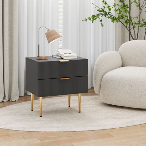 Table de chevet noire en bois avec deux tiroirs et pieds métalliques, 53 x 41,5 cm (1/5)