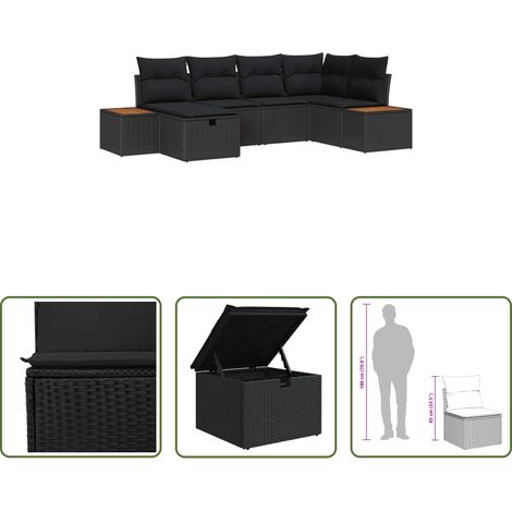 vidaXL Poly-Rattan - Gartensofa-set mit Kissen 6 pcs Schwarz Poly-Rattan (1/5)