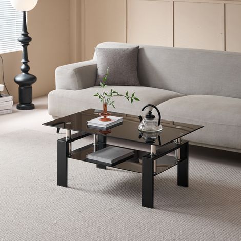 Mesa de Centro Rectangular Moderna con 2 Niveles y Tablero de Vidrio Templado, Salón, 100×60×44 cm, Vidrio y Metal, Negro (1/5)