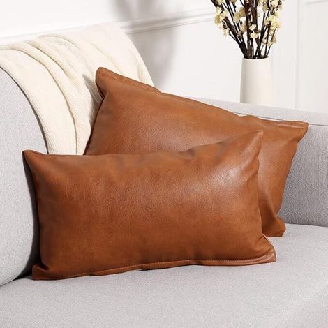Lot de 2 Housse de Coussin Couleur Pure en Similicuir Taie d'oreiller Moderne Luxe Style Decoration Maison Salon Chambre pour Canapé 30x50 cm Marron (1/3)
