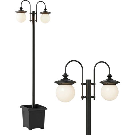 Outsunny farola solar exterior de jardín con macetero 2 cabezales impermeable ip44 encendido/apagado automático altura ajustable 53,5x30x182 cm negro