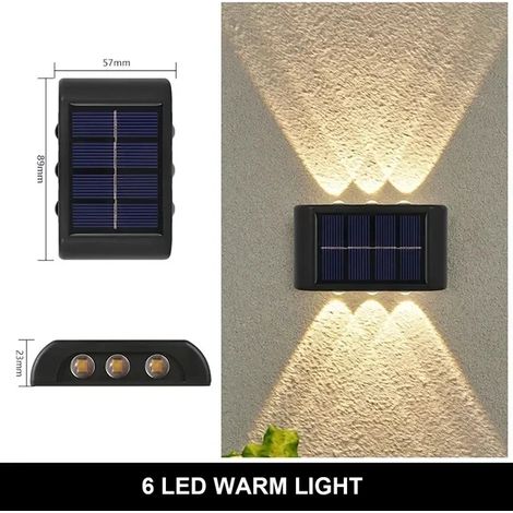 Applique murale solaire LED étanche (6 LED blanc chaud) pour la maison, idéale pour décorer une cour, un jardin ou un mur extérieur de villa. (1/5)
