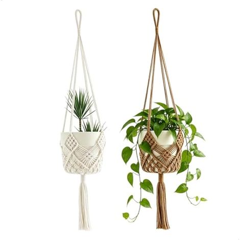 Lot de 2 pots de fleurs suspendus style bohème, jardinières murales en coton pour intérieur et extérieur avec crochet pour plafond, balcon, fenêtre, décoration murale (marron, blanc) (1/5)