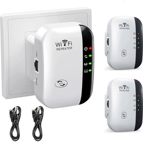 Répéteur Wi-Fi (lot de 2) - Installation facile - Amplificateur de signal pour la maison - Configuration en un clic - Répéteur Wi-Fi - 300 Mbps - Câble Ethernet inclus (90 cm)