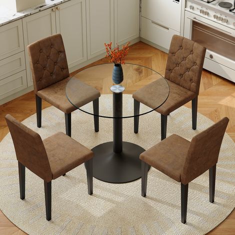 Esstisch mit 4 Stühlen Glas Metall 85 cm Braun Schwarz OKMYHOME (1/5)