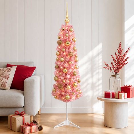 vidaXL Artificial Slim Christmas Tree with Bauble 150 cm 150 LEDs (1/5)
