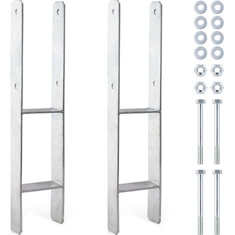 XPOtool Pfostenträger feuerverzinkt 2 Stück 91 x 600 mm, H-Anker aus Carbonstahl, Pfostenanker mit Bohrlöchern M10 x 110, Pfostenschuh mit 2 Verstrebungen