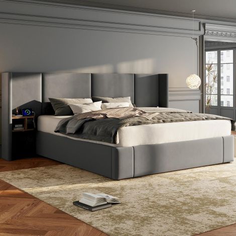 Velvet King Size Bed Frame with Ottoman Lift,Hydraulic Design,USB Ports,Includes Two Nightstands,Grey,5ft