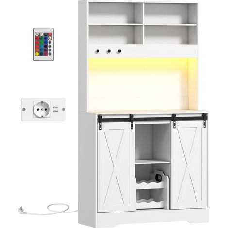 Credenza Cucina 100x38x180 cm con Prese Elettriche Luce LED Portabottiglie e Ante Scorrevoli Bianco (1/5)