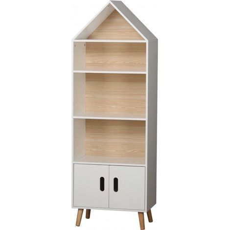 Bibliothèque en bois MDF blanc et pin pour chambre enfant – 4 étagères – Hauteur 142 cm – Design maison – Toilinux (1/3)