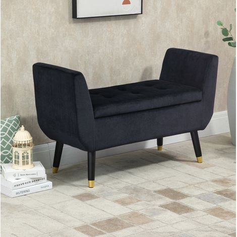 Banco baúl acolchado con reposabrazos, poliéster efecto terciopelo, negro, 107 x 42 x 65 cm (1/5)