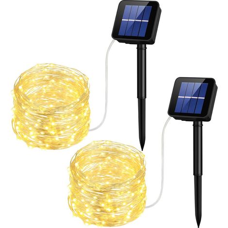 Set mit 2 dekorativen, warmweißen Solar-Lichterketten, 12 m lang, 100 LEDs, wasserdicht, 8 Modi, ideal für Garten, Zuhause, Weihnachten und Partys (1/5)