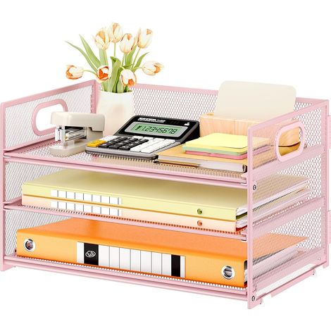 Organizador de escritorio de 3 niveles con asa, bolsillo para documentos A4, almacenamiento de malla metálica para el hogar, la oficina o la escuela - Rosa (1/5)