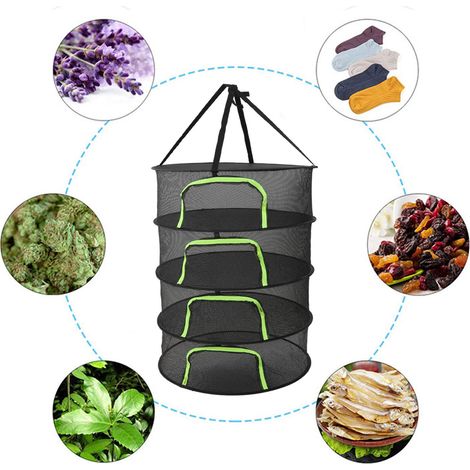 Filet de Séchage Pliant pour Plantes à Fermeture Éclair, 4 Étagères, 60 cm de Diamètre, avec Sac de Rangement pour Herbes et Fleurs