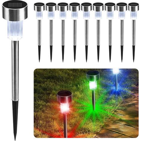 Luces solares de jardín con estaca – Paquete de 10 LED que cambian de color, luces solares de acero inoxidable resistentes a la intemperie para iluminación de caminos exteriores – (1/5)