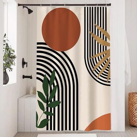 Terrakottafarbener Duschvorhang, schimmelresistenter Duschvorhang 120 x 180 cm, orangefarbener, abstrakter Boho-Stil, waschbarer, wasserdichter Badezimmervorhang aus Polyestergewebe mit 8 Haken (1/3)