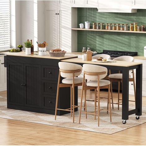 Îlot de cuisine à roulettes extensible avec range-épices et 3 tiroirs, noir HAVRYA (1/5)