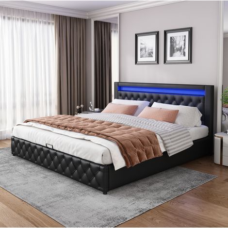 Letto imbottito classico 140x200 cm in PU nero con testiera alta, rete a doghe, contenitore sollevabile e LED (1/5)