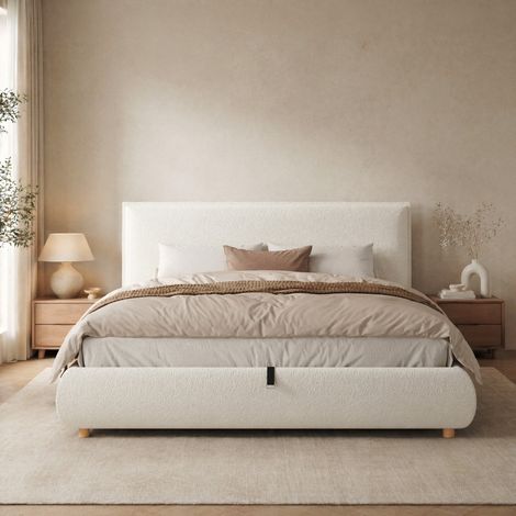 Cama tapizada de matrimonio (180x200 cm), con cabecero acolchado y arcón hidráulico, patas de madera de caucho, bouclé blanco (1/5)