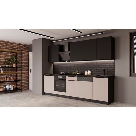 Küche ARONA + SIENA BASIC 280 cm Küchenzeile Küchenblock Einbauküche Kaschmir beige matt + Schwarz matt (1/5)