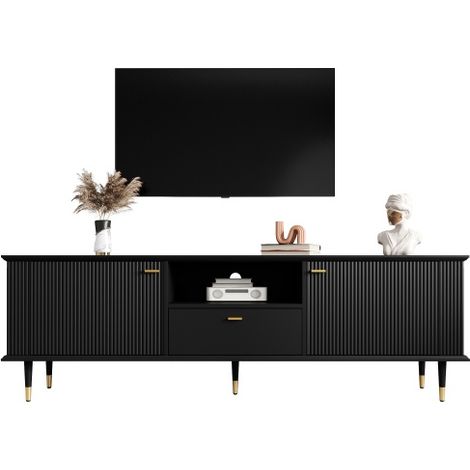 TV-Schrank mit offenen Fächern und Schubladen, lackierte Strukturoberfläche, Soft-Close-Scharniere