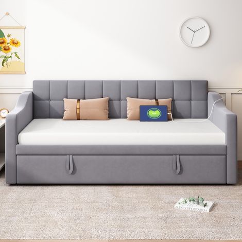 Canapé convertible 2-en-1, dimensions 90x180 cm, housse en velours gris, équipé de port USB et rangement intégré. (1/5)