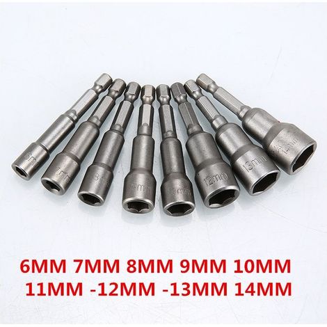 9-piece screwdriver socket 6-14 mm - adapter bit, hexagonal, for hand drill nuts, electric screwdrivers, socket wrenches (length 65 mm) (1/4)
