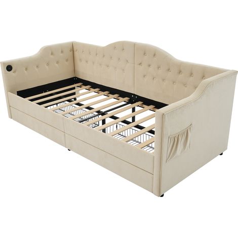 Lit Banquette 90 x 200 cm, Lit 1 Place avec USB, Type C et 2 Tiroirs, sans Matelas, en Velours, Beige (1/4)