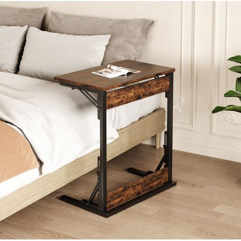 Mesa auxiliar en C 60x37x71 cm marrón rústico de metal y tablero de partículas con pies ajustables y diseño plegable (1/5)