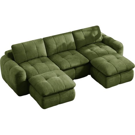 Modulares U-Sofa ohne Rahmen, 3-Sitzer, grünes Chenille, 2 Hocker, montagefrei (1/5)