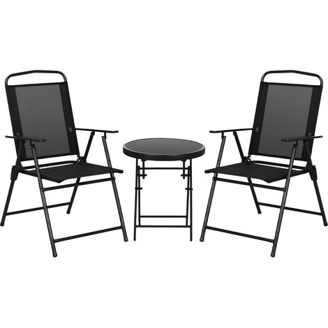 3-teiliges Gartenmöbelset bestehend aus 2 Stühlen (53,5 x 64 x 93 cm) und einem Couchtisch (Ø 45 x 50 cm) aus schwarzem Metall.
