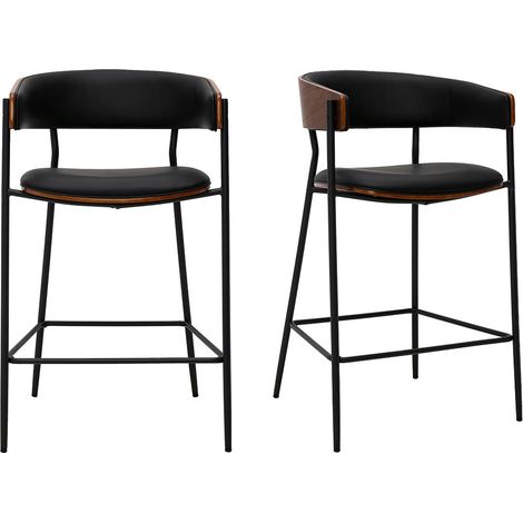 Tabourets de bar design noirs et bois foncé noyer H66.5 cm (lot de 2) DANTE (1/5)