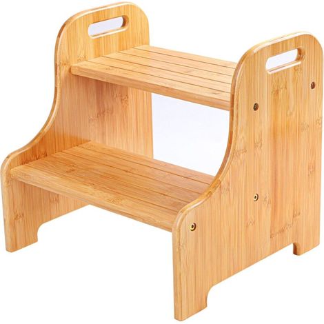 Marchepied 2 marches antidérapantes en Bambou avec 2 poignées découpées 38.2 x 34 x 33.2cm (1/5)